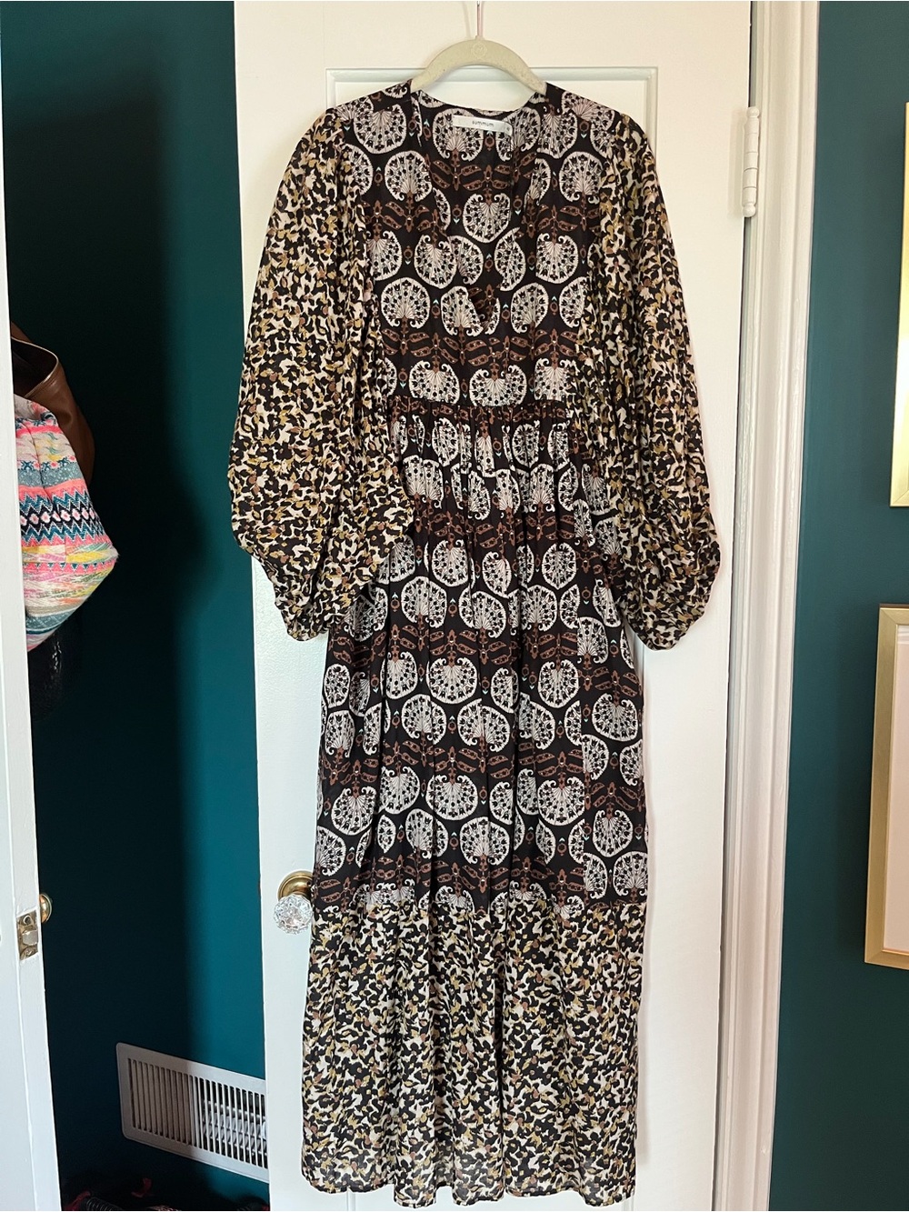 Boho Printed Long Sleeve Maxi Dress in Brown and Cream